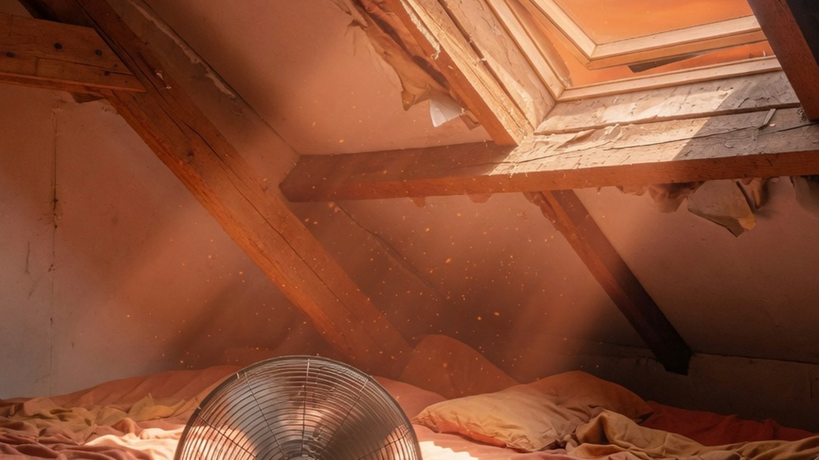 Chambre mansardée avec poutres apparentes, lit sous plafond en pente, lumière vive traversant fenêtre de toit, ombres graphiq