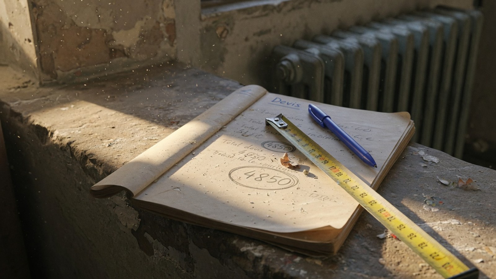 Carnet de devis usé sur rebord de pierre, stylo et mètre ruban en gros plan, montant encerclé au crayon, chantier de rénovati
