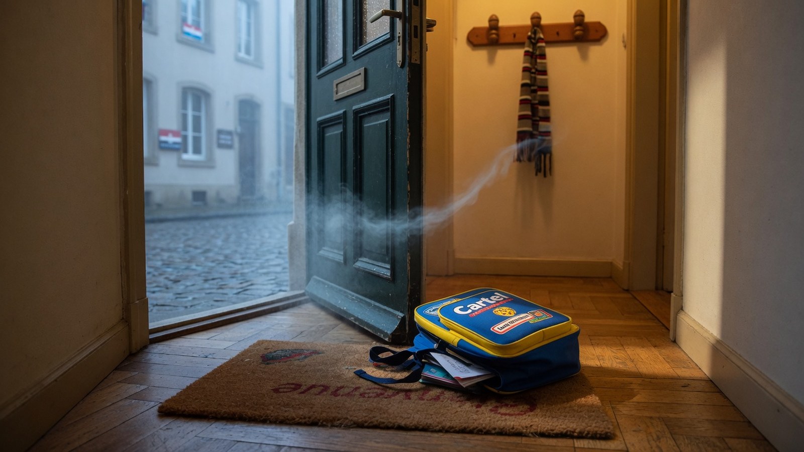 Porte d'entrée ouverte, cartable d'écolier sur paillasson, brouillard gris-bleu à l'extérieur