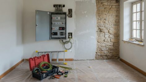 Tableau électrique neuf raccordé dans l'entrée en travaux d'une maison luxembourgeoise, mur partiellement replâtré