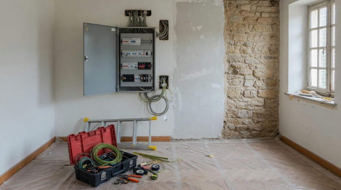 Tableau électrique neuf raccordé dans l'entrée en travaux d'une maison luxembourgeoise, mur partiellement replâtré