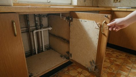 Main ouvrant un placard d'ancien meuble de cuisine, panneau intérieur gonflé aux bords