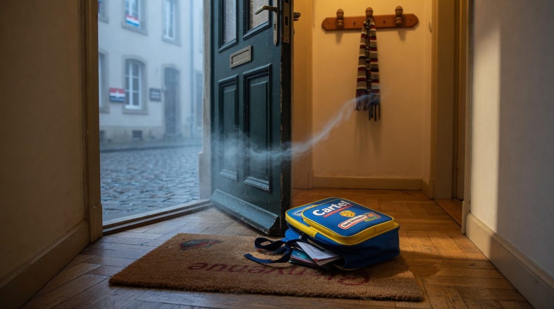 Porte d'entrée ouverte, cartable d'écolier sur paillasson, brouillard gris-bleu à l'extérieur
