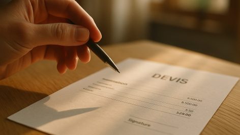 Main avec stylo au-dessus d'un devis de rénovation non signé sur table en bois clair, gros plan