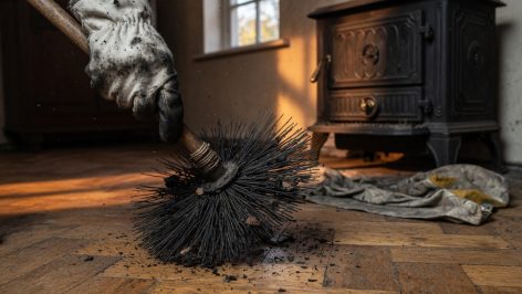 Gros plan d'une main gantée souillée de suie tenant une brosse de ramoneur devant un poêle en fonte noir