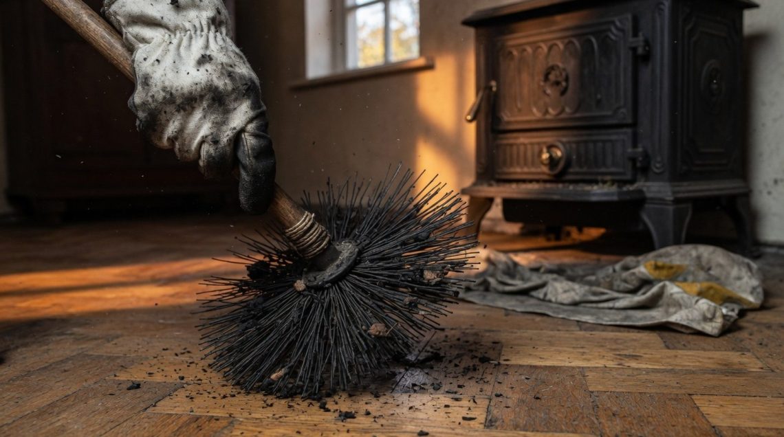 Gros plan d'une main gantée souillée de suie tenant une brosse de ramoneur devant un poêle en fonte noir