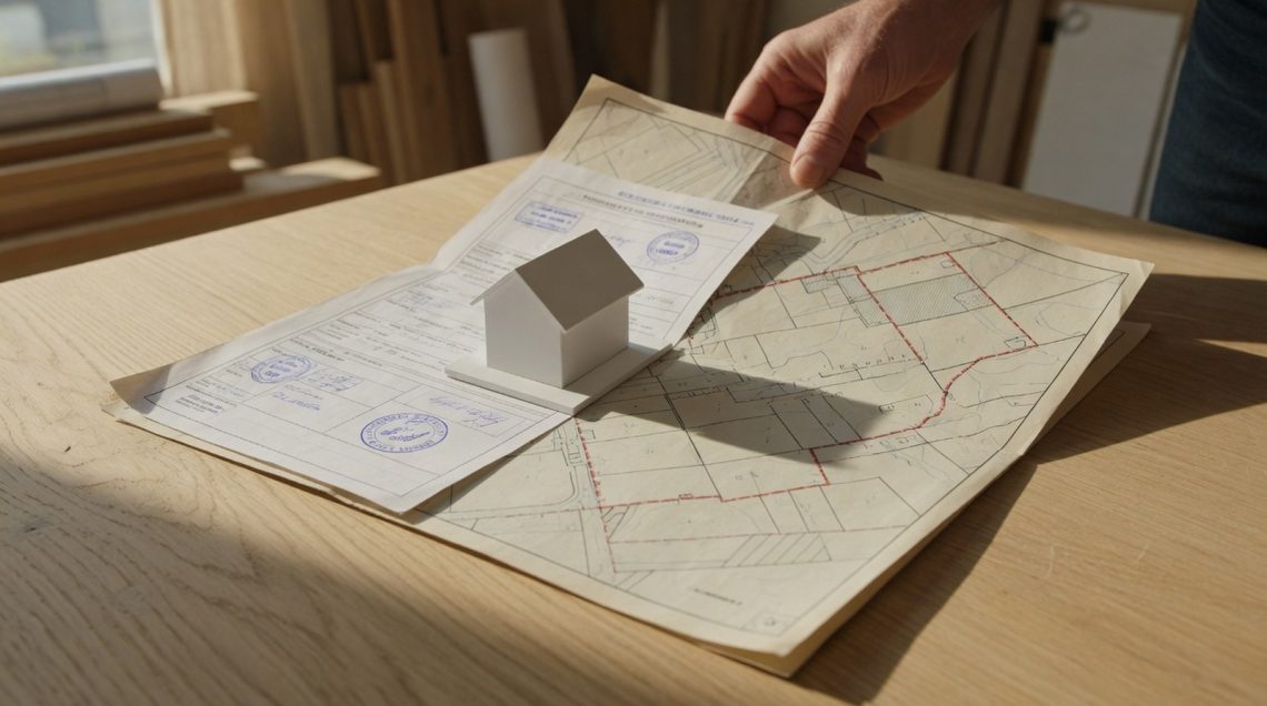 Main déplie plan cadastral, feuille zonage tamponnée sur table chêne, maquette architecturale blanc hors parcelle.